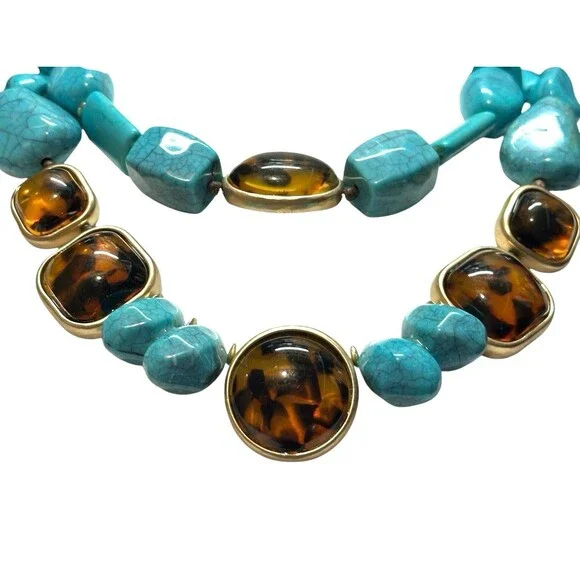 chicos necklace Southwestern Boho chic Turquoise faux Tiger’s Eye Chunky Beads - Picture 3 of 16